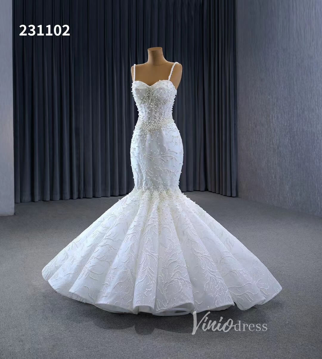Spaghetti Strap Pearl Mermaid Wedding Dresses Plus Size 231102-wedding dresses 2025 -Viniodress-Ivory-Custom Size-