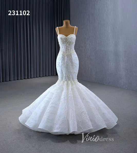Spaghetti Strap Pearl Mermaid Wedding Dresses Plus Size 231102-wedding dresses 2025 -Viniodress-Ivory-Custom Size-