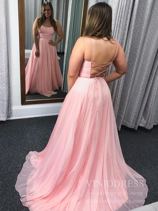 Spaghetti Strap Pink Satin and Chiffon Long Prom Dresses Plus Size FD1823-prom dresses 2025 -Viniodress-Pink-Custom Size-