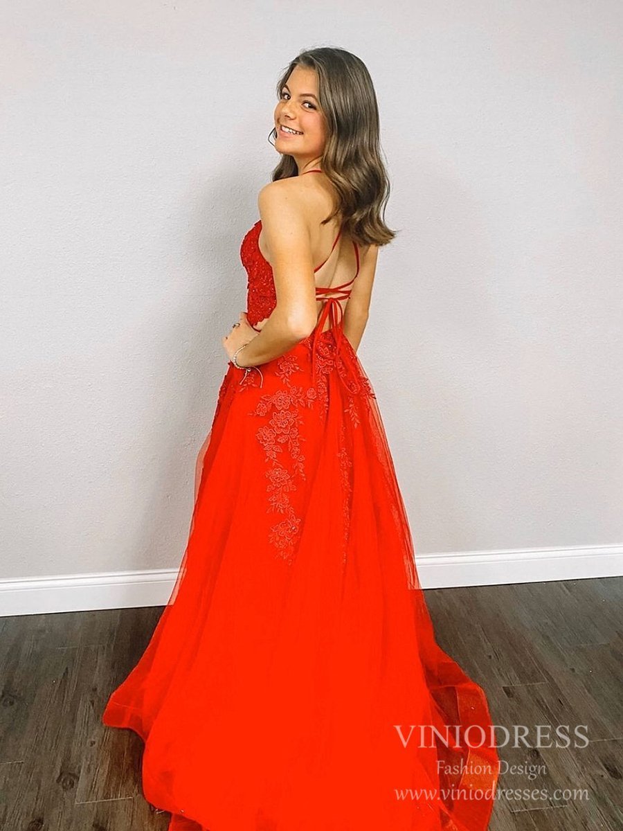 Spaghetti Strap Red Lace Appliqued Prom Dresses Lace-up Back FD2553-prom dresses 2025 -Viniodress-As Picture-Custom Size-