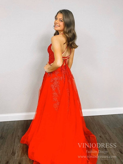 Spaghetti Strap Red Lace Appliqued Prom Dresses Lace-up Back FD2553-prom dresses 2025 -Viniodress-As Picture-Custom Size-
