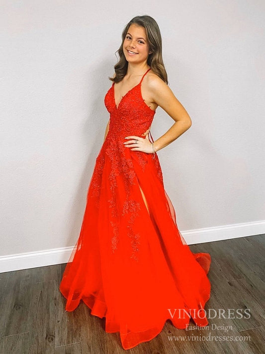 Spaghetti Strap Red Lace Appliqued Prom Dresses Lace-up Back FD2553-prom dresses 2025 -Viniodress-As Picture-Custom Size-