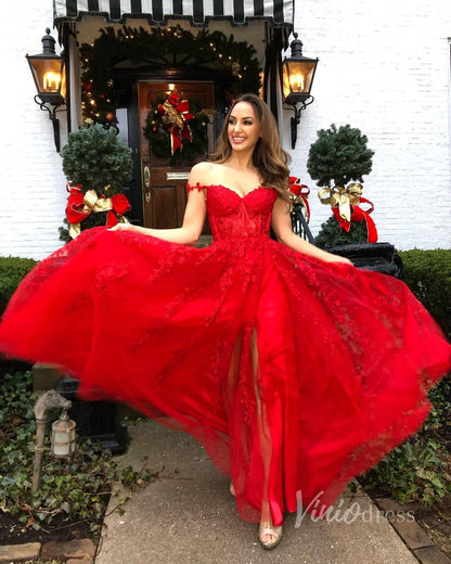 Spaghetti Strap Red Lace Prom Dresses with High Slit FD1348B-prom dresses 2025 -Viniodress-Lavender-Custom Size-