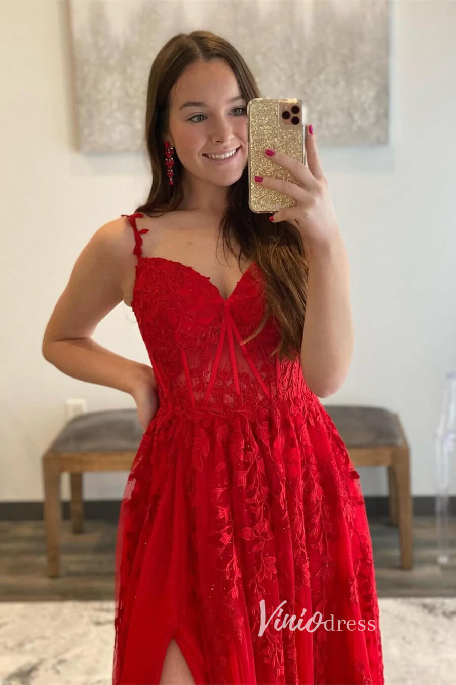 Spaghetti Strap Red Lace Prom Dresses with High Slit FD1348B-prom dresses 2025 -Viniodress-Lavender-Custom Size-