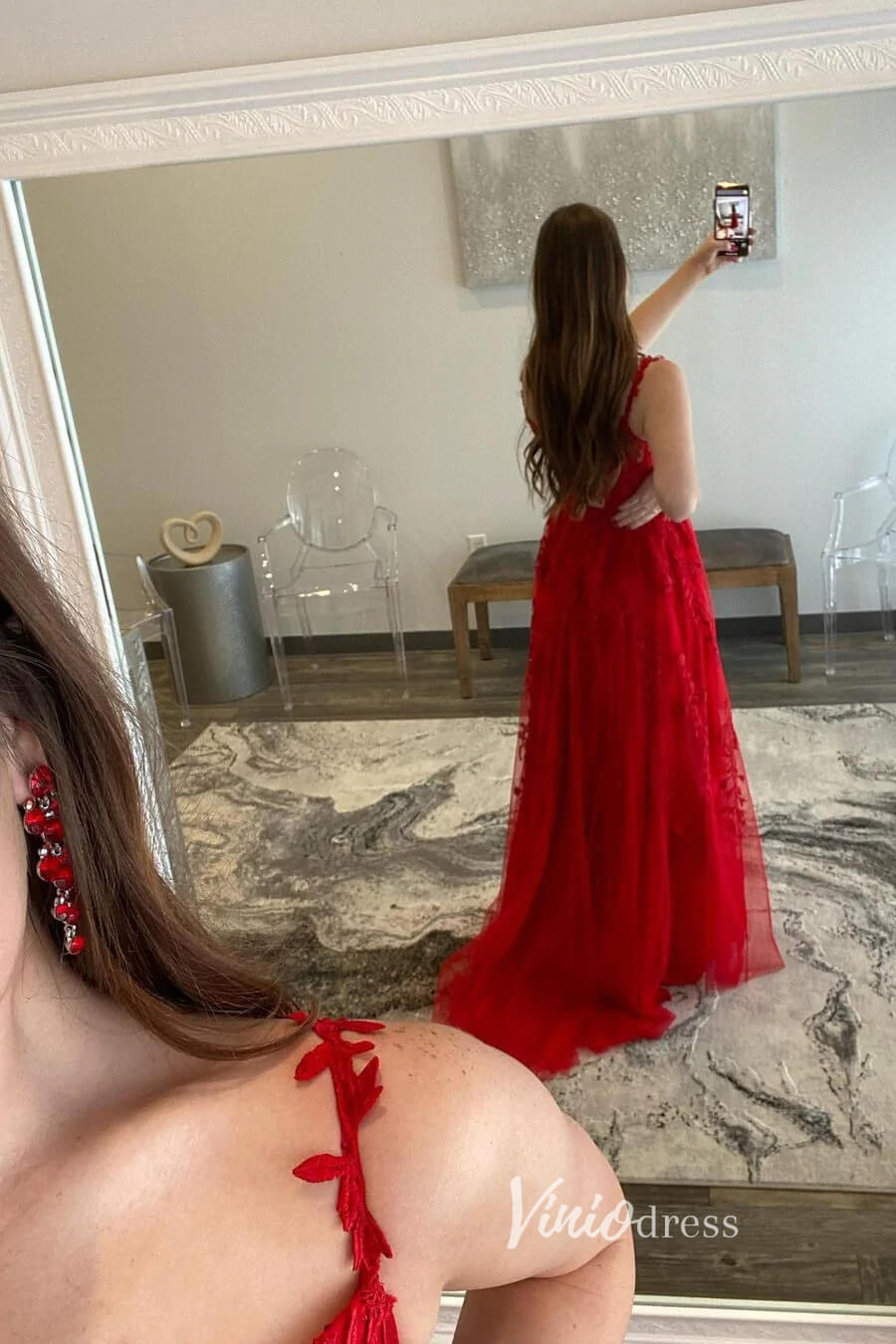 strapless open back dress Spaghetti Strap Red Lace Prom Dresses with High Slit FD1348B – Viniodress