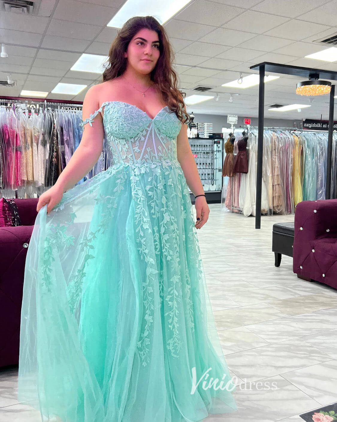 Prom Dress 2025 Spaghetti Strap Red Lace Prom Dresses with High Slit FD1348B-unique prom dresses-Aqua-Custom Size-Viniodress