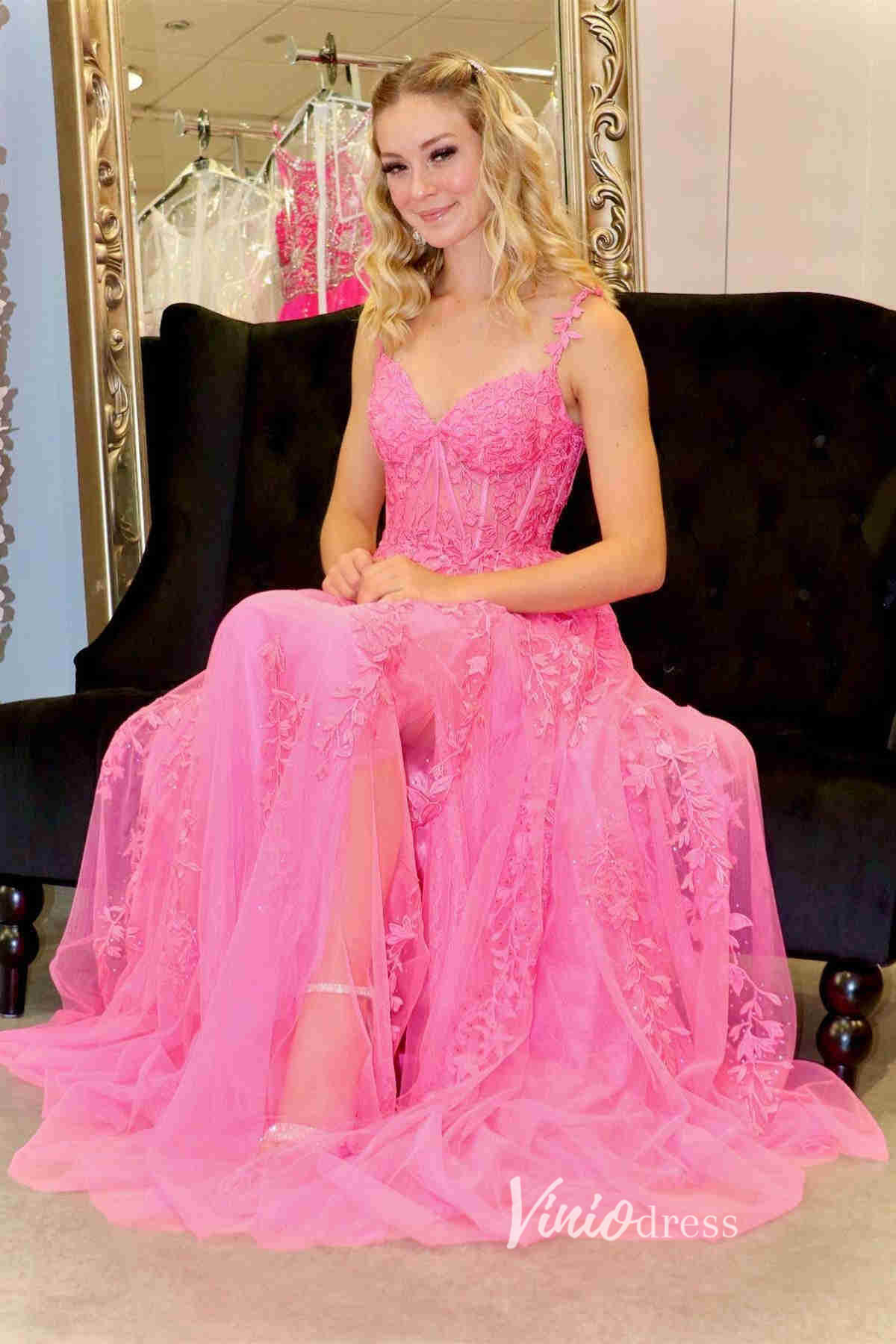 Prom Dress 2025 Spaghetti Strap Red Lace Prom Dresses with High Slit FD1348B-unique prom dresses-Hot Pink-Custom Size-Viniodress