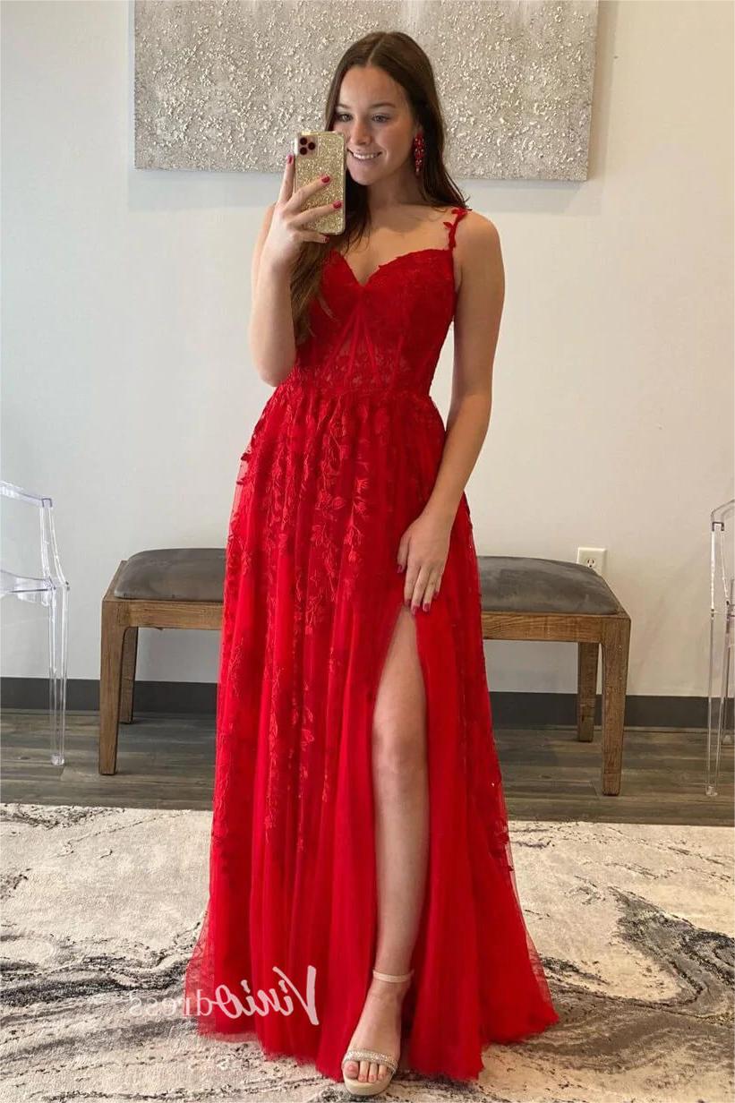 Prom Dress 2025 Spaghetti Strap Red Lace Prom Dresses with High Slit FD1348B-unique prom dresses-Red-Custom Size-Viniodress