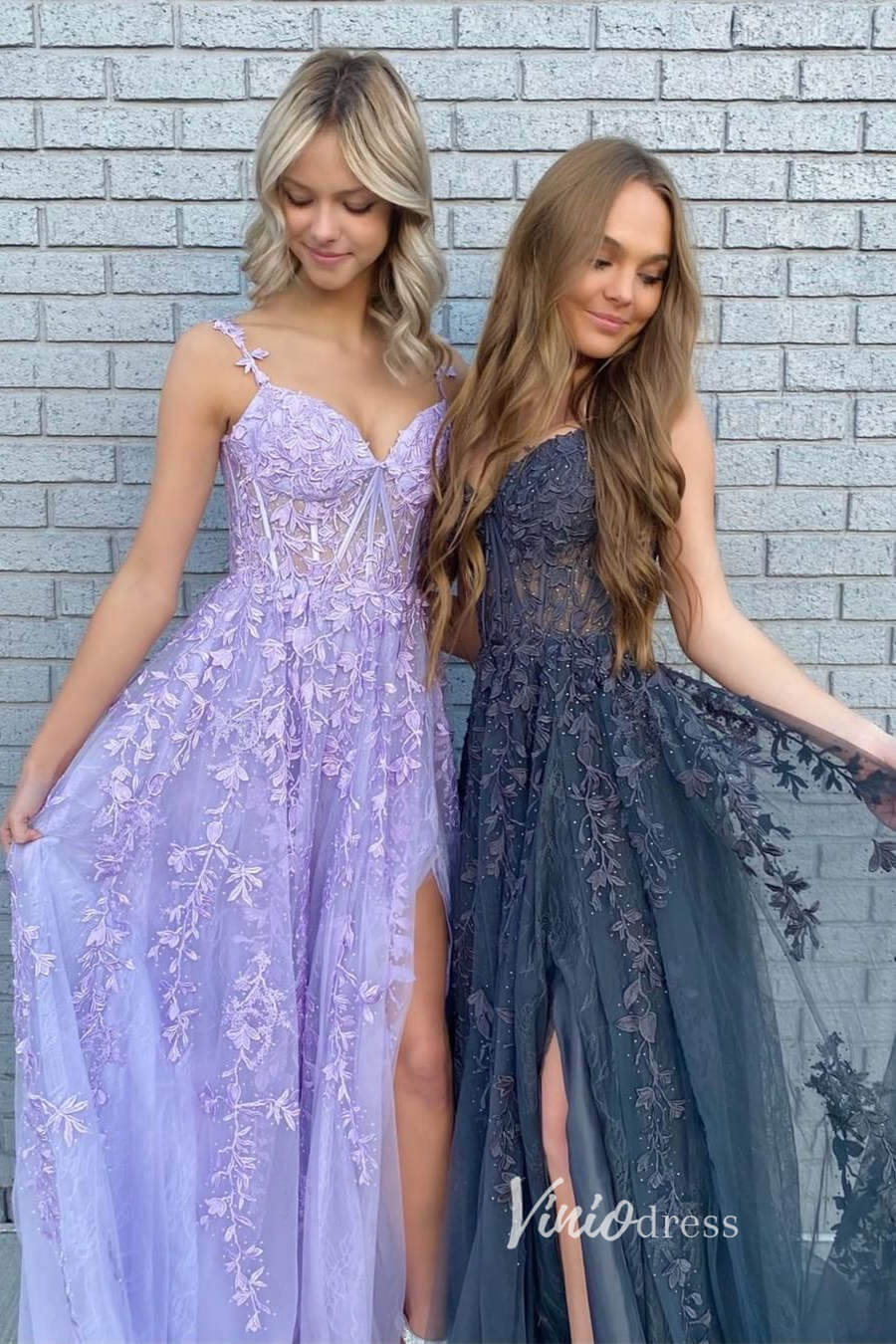 Prom Dress 2025 Spaghetti Strap Red Lace Prom Dresses with High Slit FD1348B-unique prom dresses-Lavender-Custom Size-Viniodress