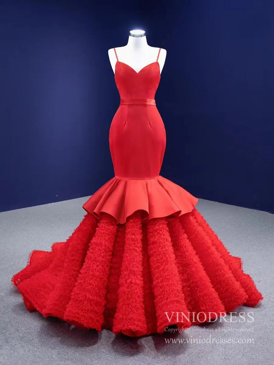 Spaghetti Strap Red Mermaid Wedding Dresses Trumpet Pageant Dress 67311 viniodress-prom dresses 2025 -Viniodress-Red-Custom Size-