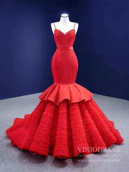 Spaghetti Strap Red Mermaid Wedding Dresses Trumpet Pageant Dress 67311 viniodress-prom dresses 2025 -Viniodress-Red-Custom Size-