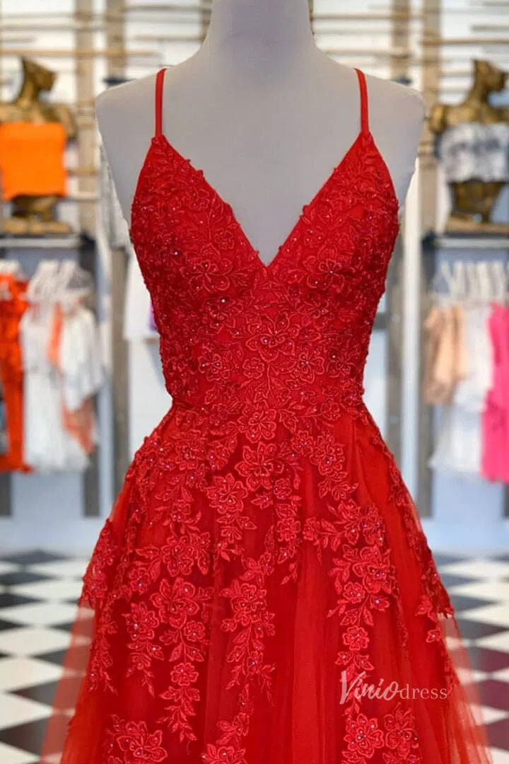 Spaghetti Strap Red Prom Dresses Lace Appliqued Tulle Formal Dress FD2124-prom dresses 2025 -Viniodress-Red-Custom Size-