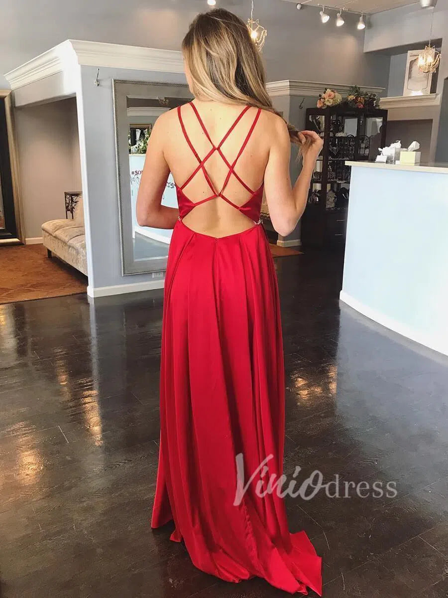 Spaghetti Strap Red Prom Dresses V Neck Long Formal Dress FD1581-prom dresses 2025 -Viniodress-Red-Custom Size-
