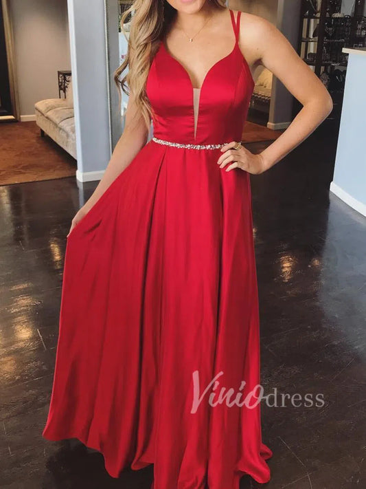 Spaghetti Strap Red Prom Dresses V Neck Long Formal Dress FD1581-prom dresses 2025 -Viniodress-Red-Custom Size-