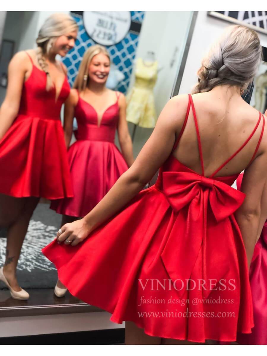 Spaghetti Strap Red Satin Homecoming Dresses with Pockets and Bow SD1239-Homecoming Dresses 2025 -Viniodress-Red-Custom Size-