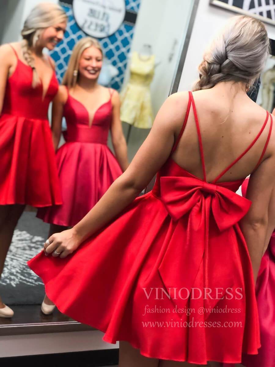 Spaghetti Strap Red Satin Homecoming Dresses with Pockets and Bow SD1239-Homecoming Dresses 2025 -Viniodress-Red-Custom Size-