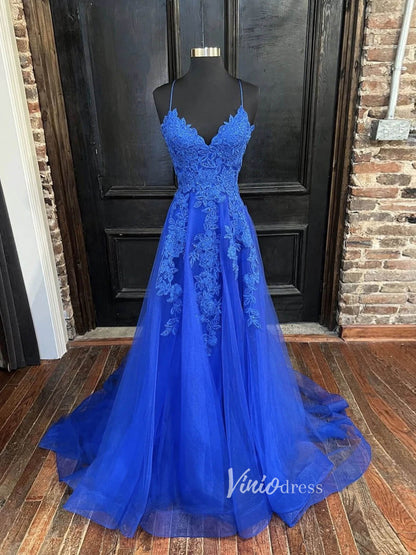 Spaghetti Strap Royal Blue Prom Dresses Lace Appliqued Tulle Formal Dress FD2793-prom dresses 2025 -Viniodress-Royal Blue-Custom Size-