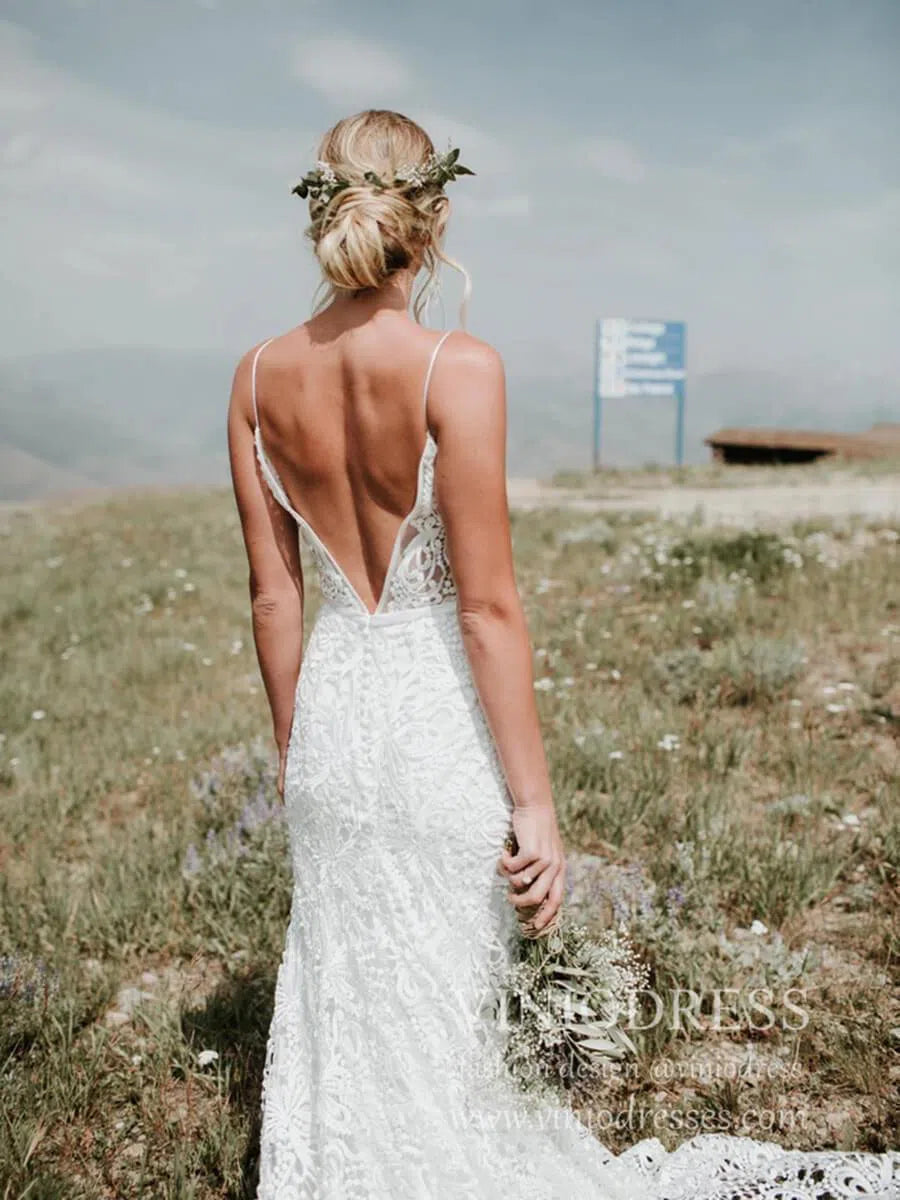 Spaghetti Strap Rustic Lace Bohemian Wedding Dresses See Through Bodice VW1440-wedding dresses-Viniodress-Viniodress