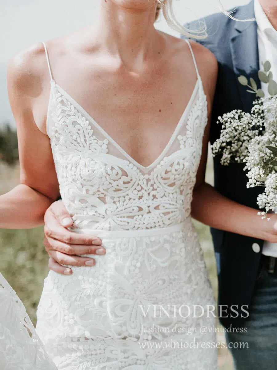 Spaghetti Strap Rustic Lace Bohemian Wedding Dresses See Through Bodice VW1440-wedding dresses-Viniodress-Viniodress