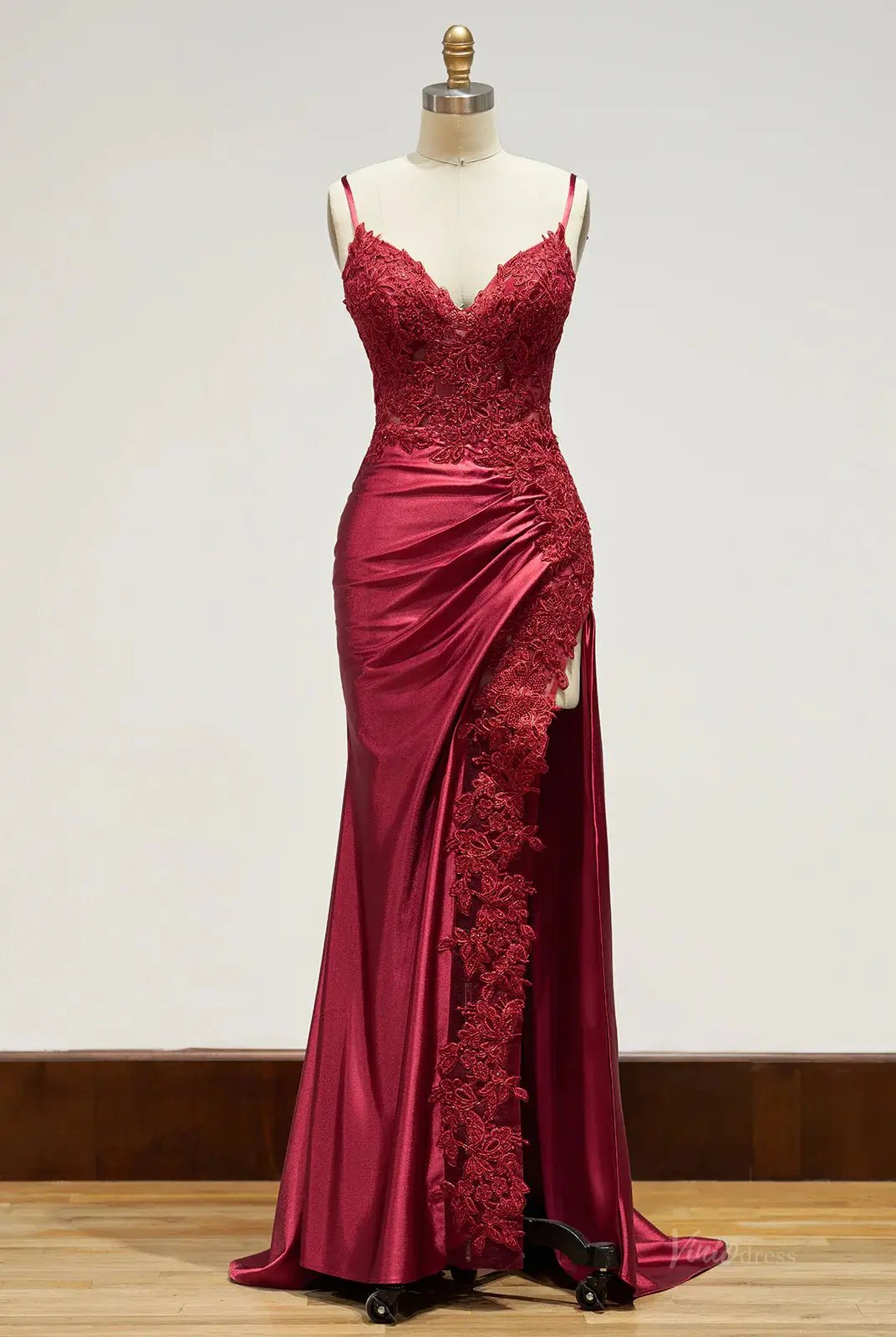 Spaghetti Strap Satin Prom Dresses with Slit, Lace Appliqued Sheath Formal Dresses FD1523B-prom dresses 2025 -Viniodress-Burgundy-Custom Size-