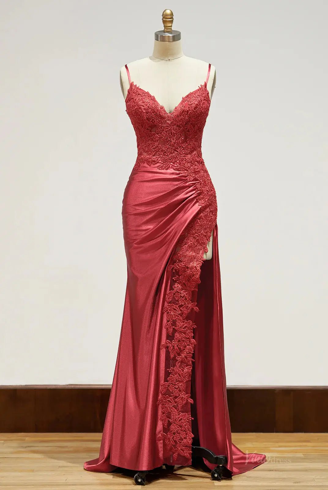 Spaghetti Strap Satin Prom Dresses with Slit, Lace Appliqued Sheath Formal Dresses FD1523B-prom dresses 2025 -Viniodress-Green-Custom Size-