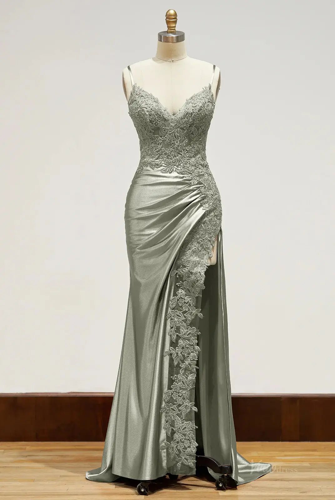 Spaghetti Strap Satin Prom Dresses with Slit, Lace Appliqued Sheath Formal Dresses FD1523B-prom dresses 2025 -Viniodress-Green-Custom Size-