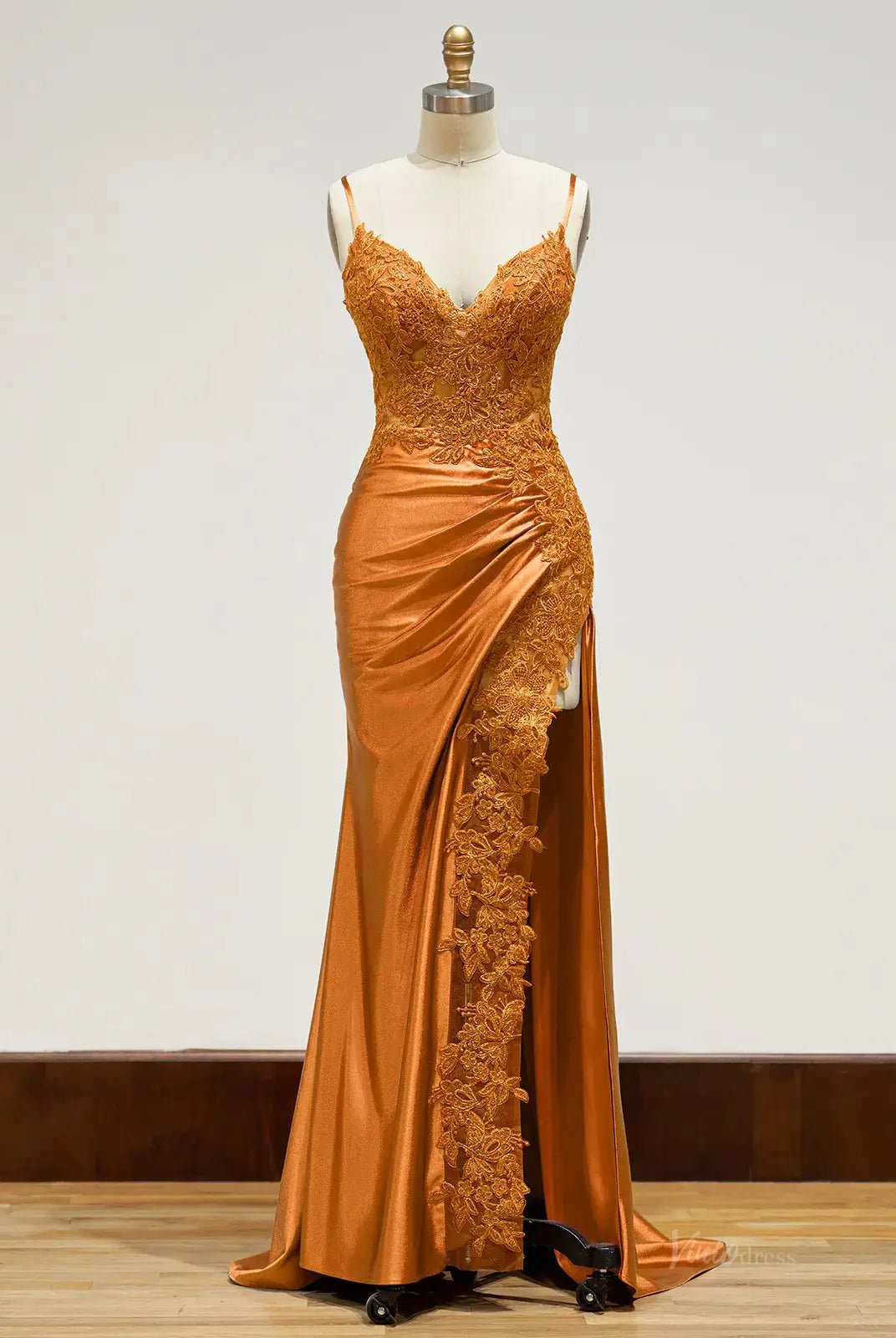 Spaghetti Strap Satin Prom Dresses with Slit, Lace Appliqued Sheath Formal Dresses FD1523B-prom dresses 2025 -Viniodress-Green-Custom Size-