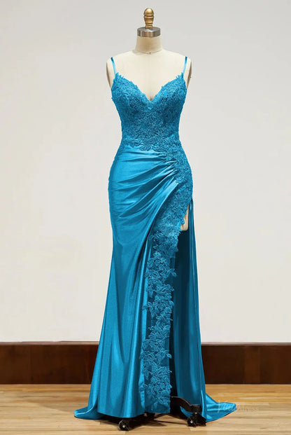 Spaghetti Strap Satin Prom Dresses with Slit, Lace Appliqued Sheath Formal Dresses FD1523B-prom dresses 2025 -Viniodress-Green-Custom Size-