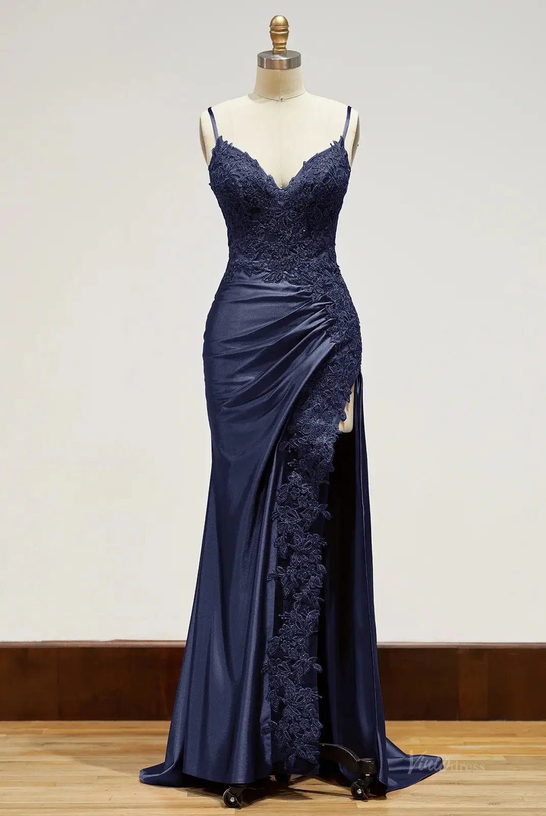 Spaghetti Strap Satin Prom Dresses with Slit, Lace Appliqued Sheath Formal Dresses FD1523B-prom dresses 2025 -Viniodress-Navy-Custom Size-