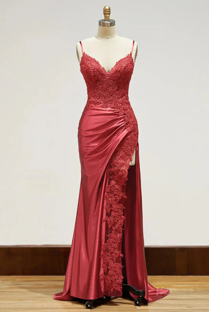 Spaghetti Strap Satin Prom Dresses with Slit, Lace Appliqued Sheath Formal Dresses FD1523B-prom dresses 2025 -Viniodress-Green-Custom Size-