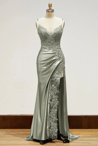 Spaghetti Strap Satin Prom Dresses with Slit, Lace Appliqued Sheath Formal Dresses FD1523B-prom dresses 2025 -Viniodress-Green-Custom Size-
