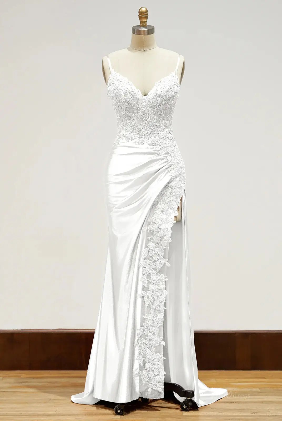 Spaghetti Strap Satin Prom Dresses with Slit, Lace Appliqued Sheath Formal Dresses FD1523B-prom dresses 2025 -Viniodress-Green-Custom Size-