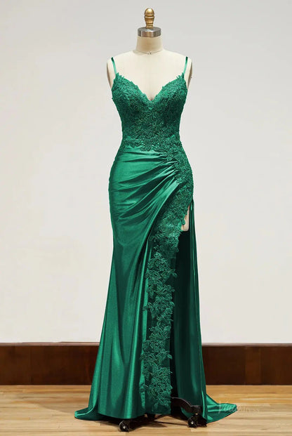 Spaghetti Strap Satin Prom Dresses with Slit, Lace Appliqued Sheath Formal Dresses FD1523B-prom dresses 2025 -Viniodress-Green-Custom Size-