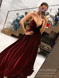 Prom Dress 2025 Spaghetti Strap Sexy Burgundy Velvet Prom Dresses V-neck Formal Dress FD2079-unique prom dresses-Burgundy-Custom Size-Viniodress