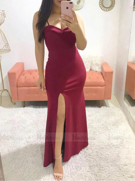 Spaghetti Strap Sheath Burgundy Long Bridesmaid Dresses with Slit VB1545-bridesmaid dresses 2025 -Viniodress-Burgundy-Custom Size-