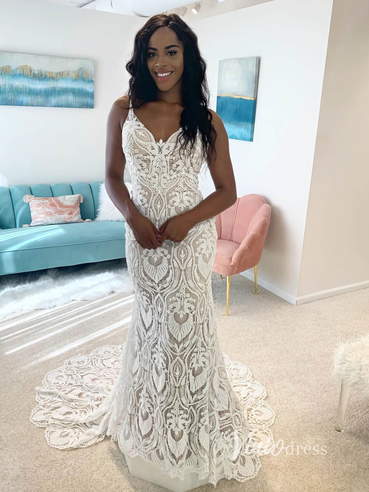 Spaghetti Strap Sheath Lace Boho Wedding Dresses VW1125C-wedding dresses 2025 -Viniodress-Ivory-Custom Size-