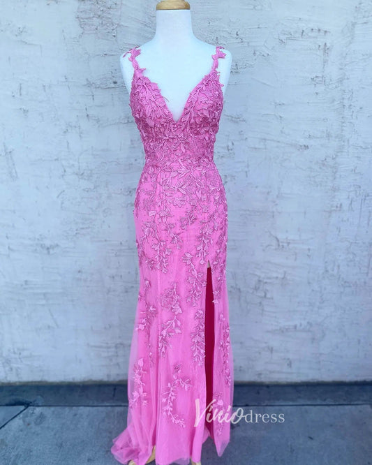 Prom Dress 2025 Spaghetti Strap Sheath Lace Prom Dress with Slit FD1250D-unique prom dresses-Hot Pink-Custom Size-Viniodress