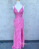 Spaghetti Strap Sheath Lace Prom Dress with Slit FD1250D-prom dresses-Viniodress-Hot Pink-Custom Size-Viniodress