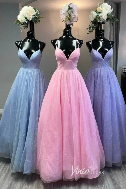 Spaghetti Strap Shimmer Tulle Long Prom Dresses with Pockets FD2016-prom dresses 2025 -Viniodress-As Picture-Custom Size-