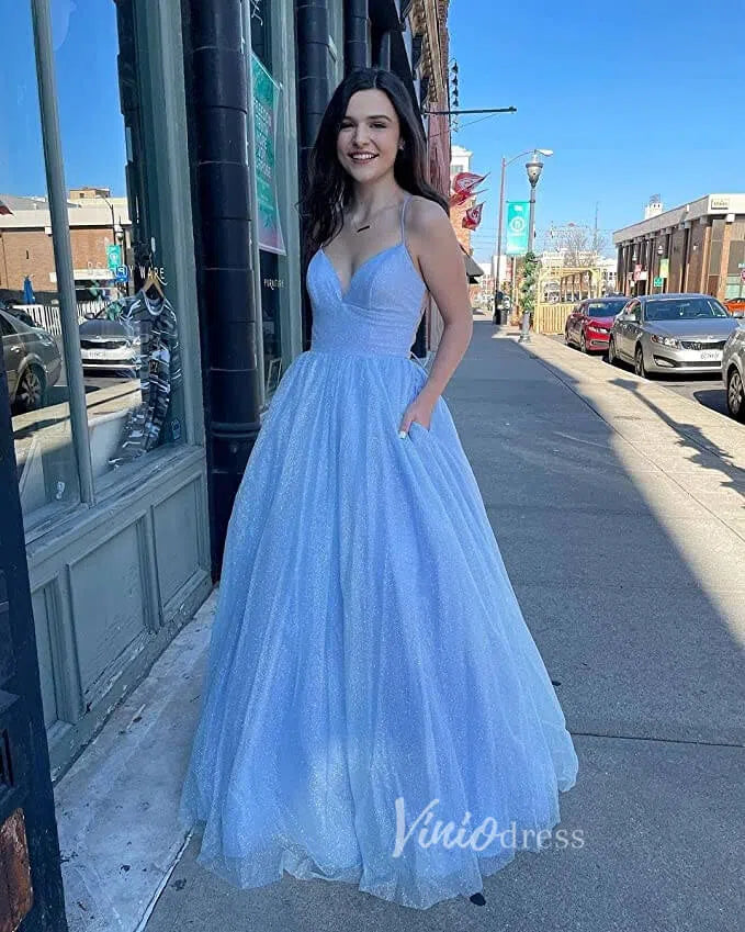 Spaghetti Strap Shimmer Tulle Long Prom Dresses with Pockets FD2016-prom dresses 2025 -Viniodress-Light Blue-Custom Size-