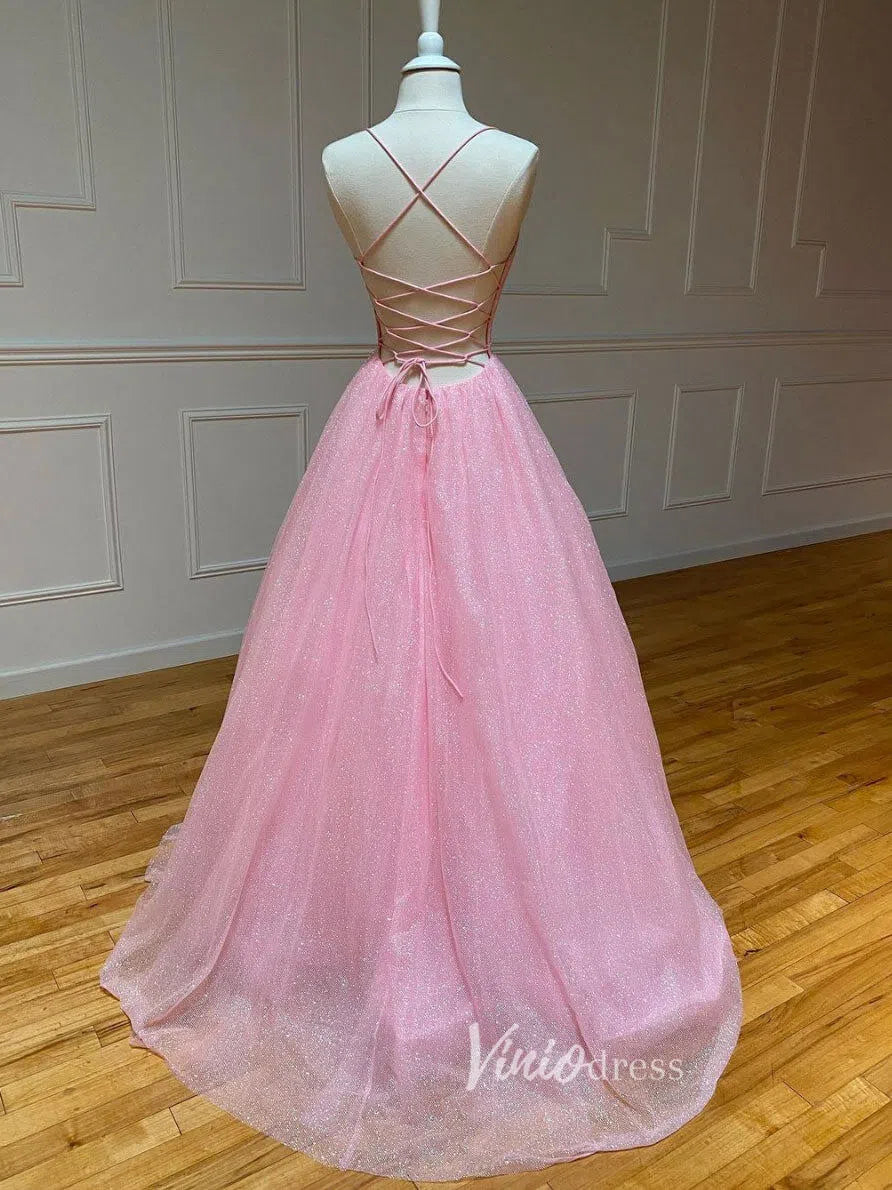 Prom Dress 2025 Spaghetti Strap Shimmer Tulle Long Prom Dresses with Pockets FD2016-unique prom dresses-As Picture-Custom Size-Viniodress