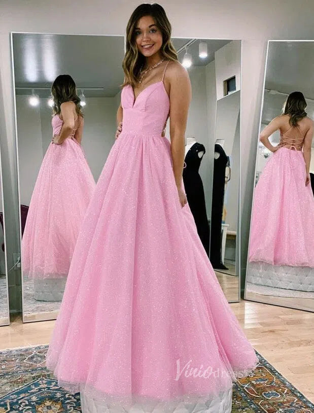 Prom Dress 2025 Spaghetti Strap Shimmer Tulle Long Prom Dresses with Pockets FD2016-unique prom dresses-Pink-Custom Size-Viniodress