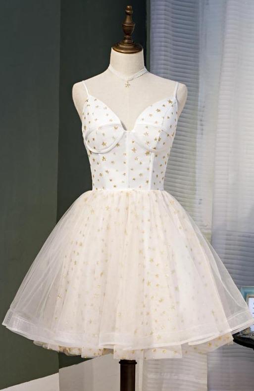 Short Prom Dresses 2025 Spaghetti Strap Star Lace Homecoming Dresses Starry Graduation Dress SD1377-Homecoming Dresses-VINIODRESS-US2-Ivory-Viniodress