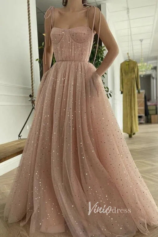 Spaghetti Strap Starry Prom Dresses with Pockets FD2659B-prom dresses 2025 -Viniodress-Blush Pink-Custom Size-