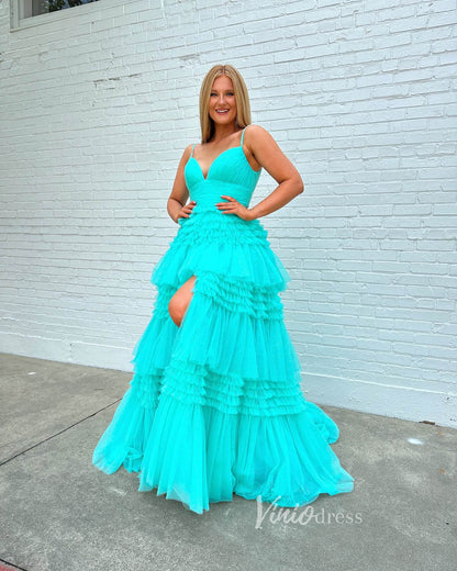 Spaghetti Strap Tiered Ruffle Prom Dresses 2024 Sparkly Tulle Formal Dresses FD2993-prom dresses 2025 -Viniodress-Aqua-Custom Size-