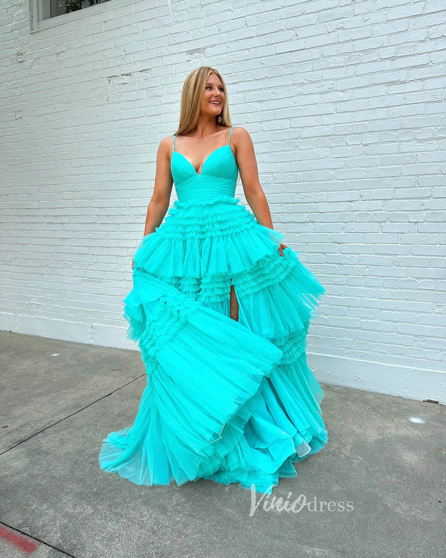 Spaghetti Strap Tiered Ruffle Prom Dresses 2024 Sparkly Tulle Formal Dresses FD2993-prom dresses 2025 -Viniodress-Magenta-Custom Size-