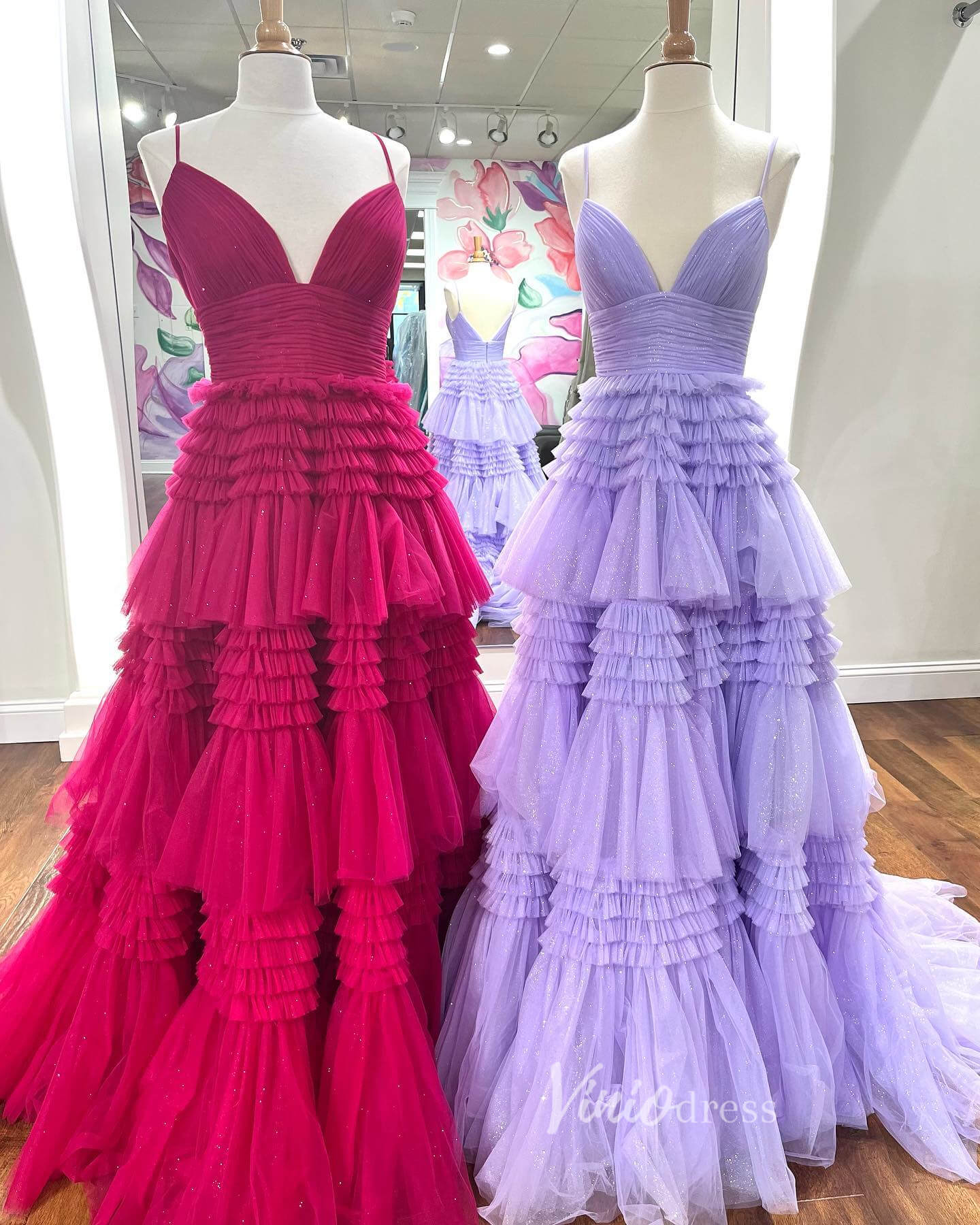 Spaghetti Strap Tiered Ruffle Prom Dresses 2024 Sparkly Tulle Formal Dresses FD2993-prom dresses 2025 -Viniodress-Magenta-Custom Size-