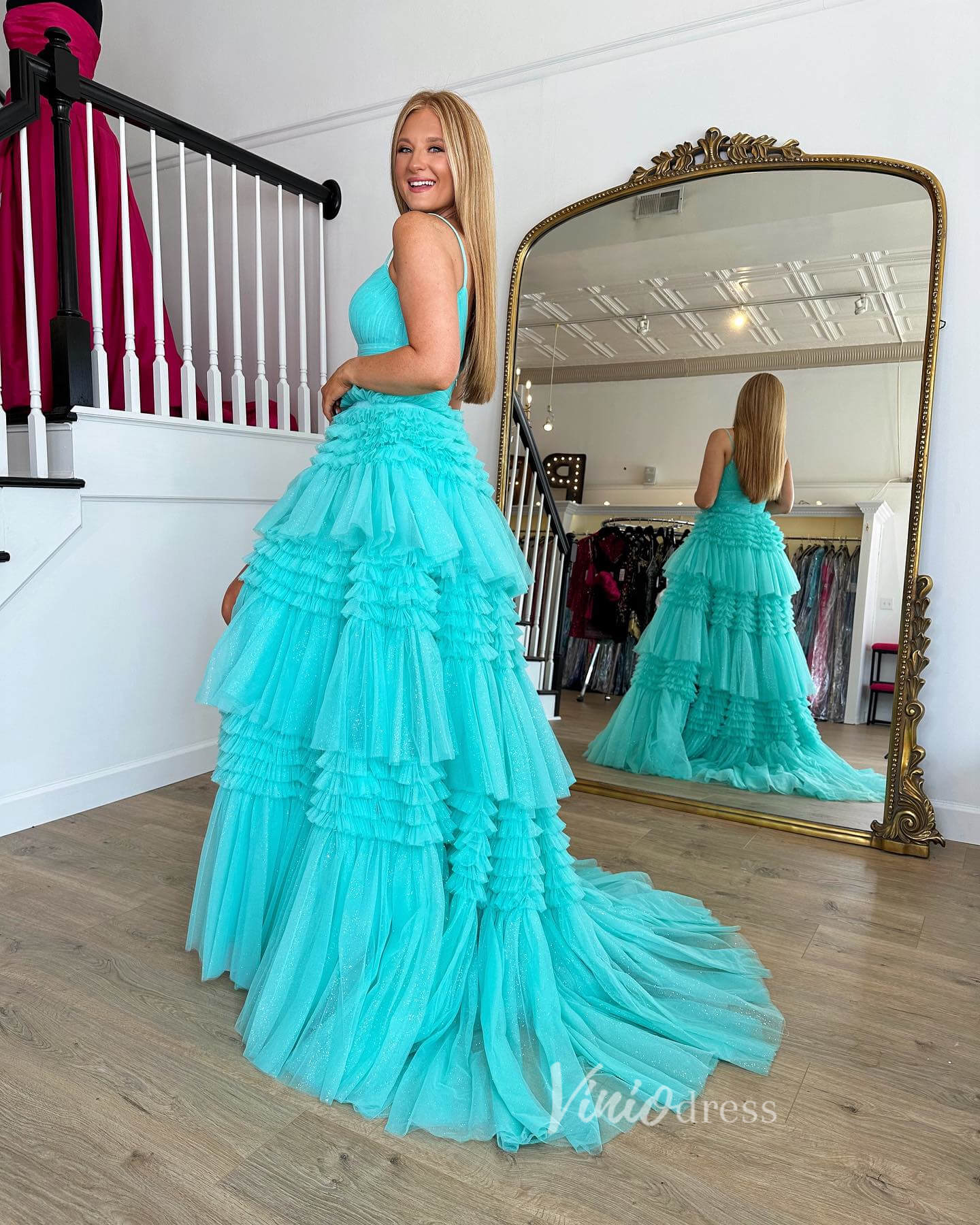 Spaghetti Strap Tiered Ruffle Prom Dresses 2024 Sparkly Tulle Formal Dresses FD2993 - Viniodressprom dressesAquaCustom Size - Formal Dresses - Ball Gowns