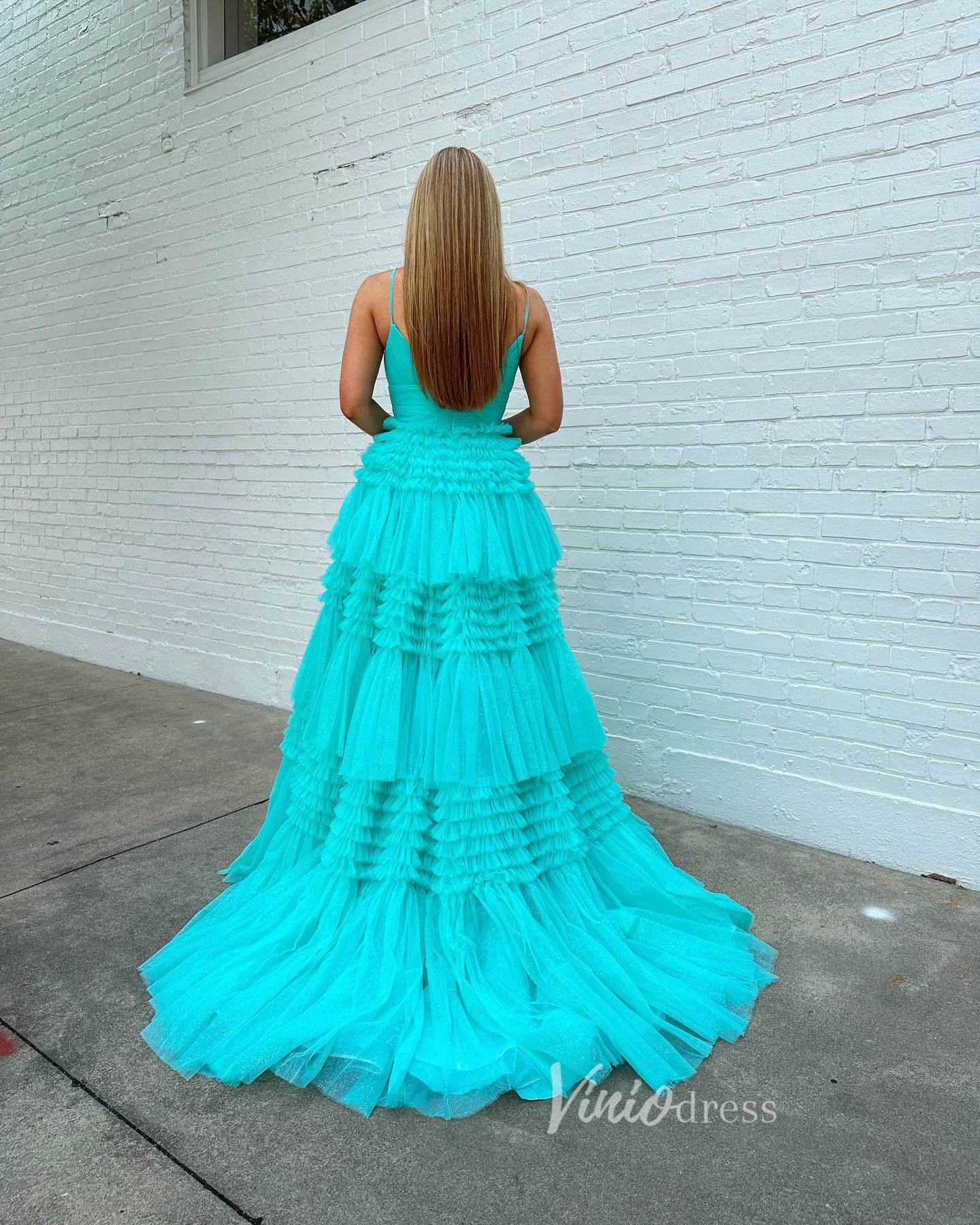 Spaghetti Strap Tiered Ruffle Prom Dresses 2024 Sparkly Tulle Formal Dresses FD2993 - Viniodressprom dressesAquaCustom Size - Formal Dresses - Ball Gowns