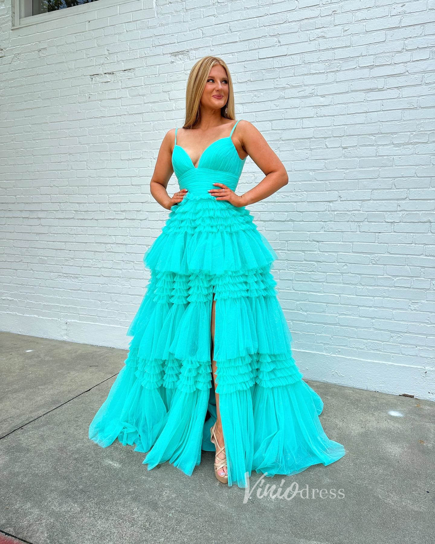 Spaghetti Strap Tiered Ruffle Prom Dresses 2024 Sparkly Tulle Formal Dresses FD2993 - Viniodressprom dressesAquaCustom Size - Formal Dresses - Ball Gowns